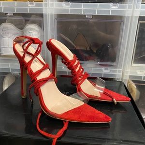 Red Faux Suede Strappy Lace up Heels